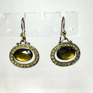 Liz Claiborne Green Rhinestone Oval Drop Dangle‎ Earrings Art Deco Style
